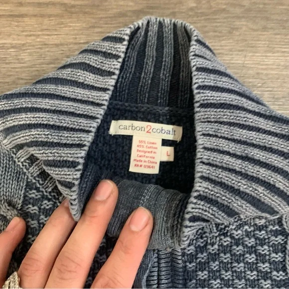 Carbon 2 Cobalt Cable Knit Zip Sweater Adult L Blue Gray Cotton Linen Stavanger - Picture 4 of 7